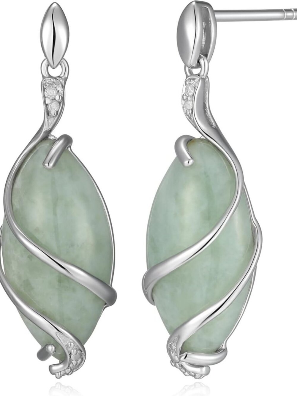 Stunning Silver Rhodium Plated Green Jade Necklace & Earrings Set - Elegant